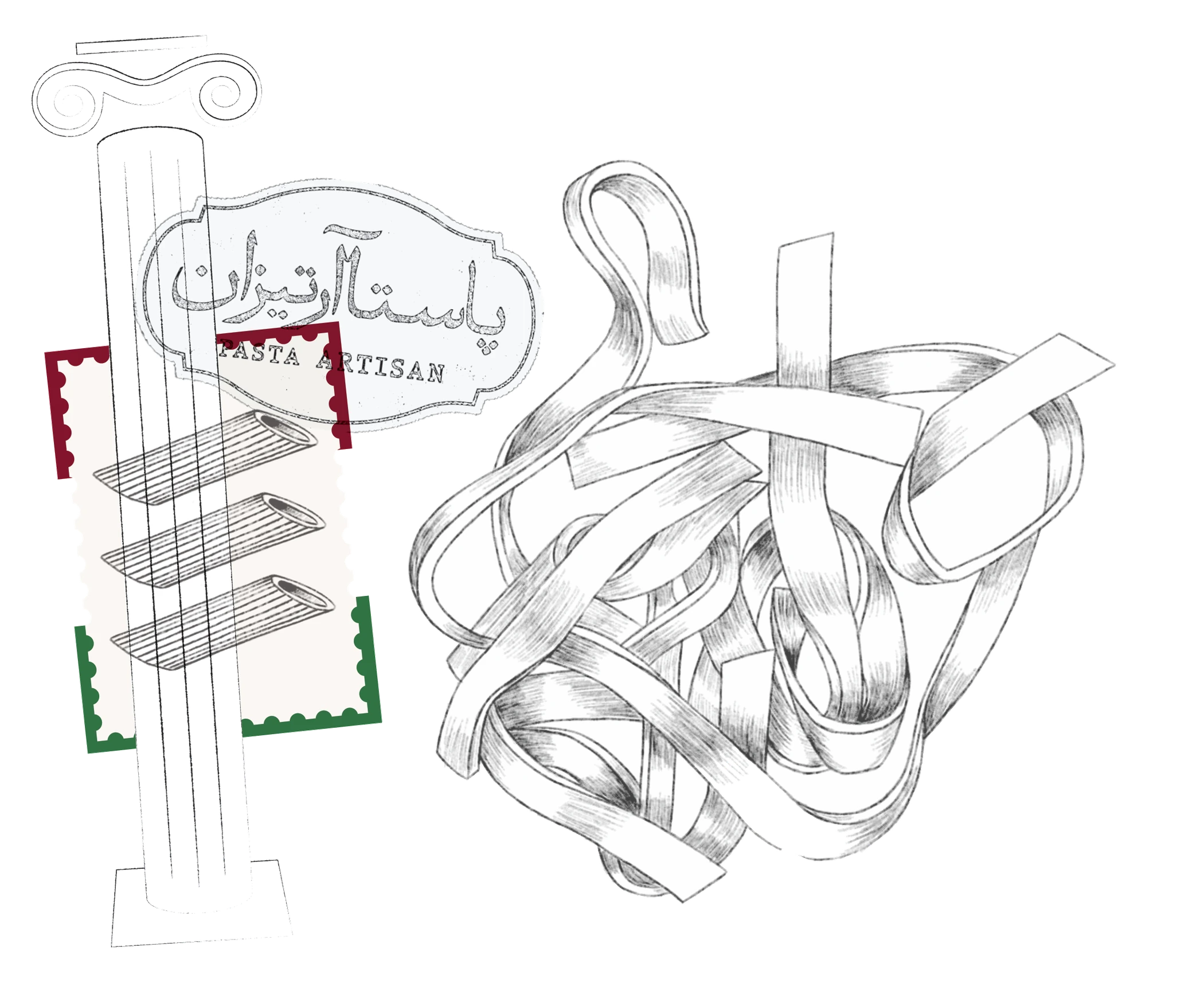 Hand-drawn fettuccine, the Pasta Artisan badge, three colour swatches and a classical column.