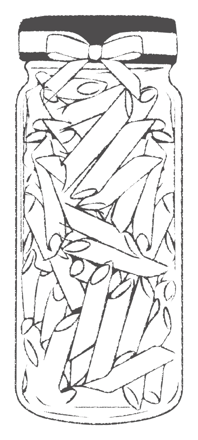 Line drawing of the Pasta Artisan glass jar filled with penne, tied with a bow.