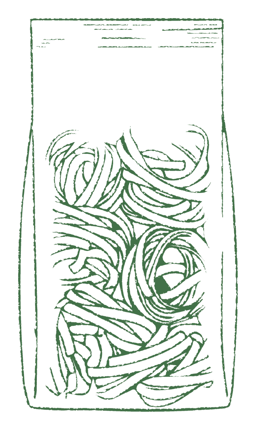 Line drawing of the biodegradable refill pouch filled with fettuccine, in brand green.