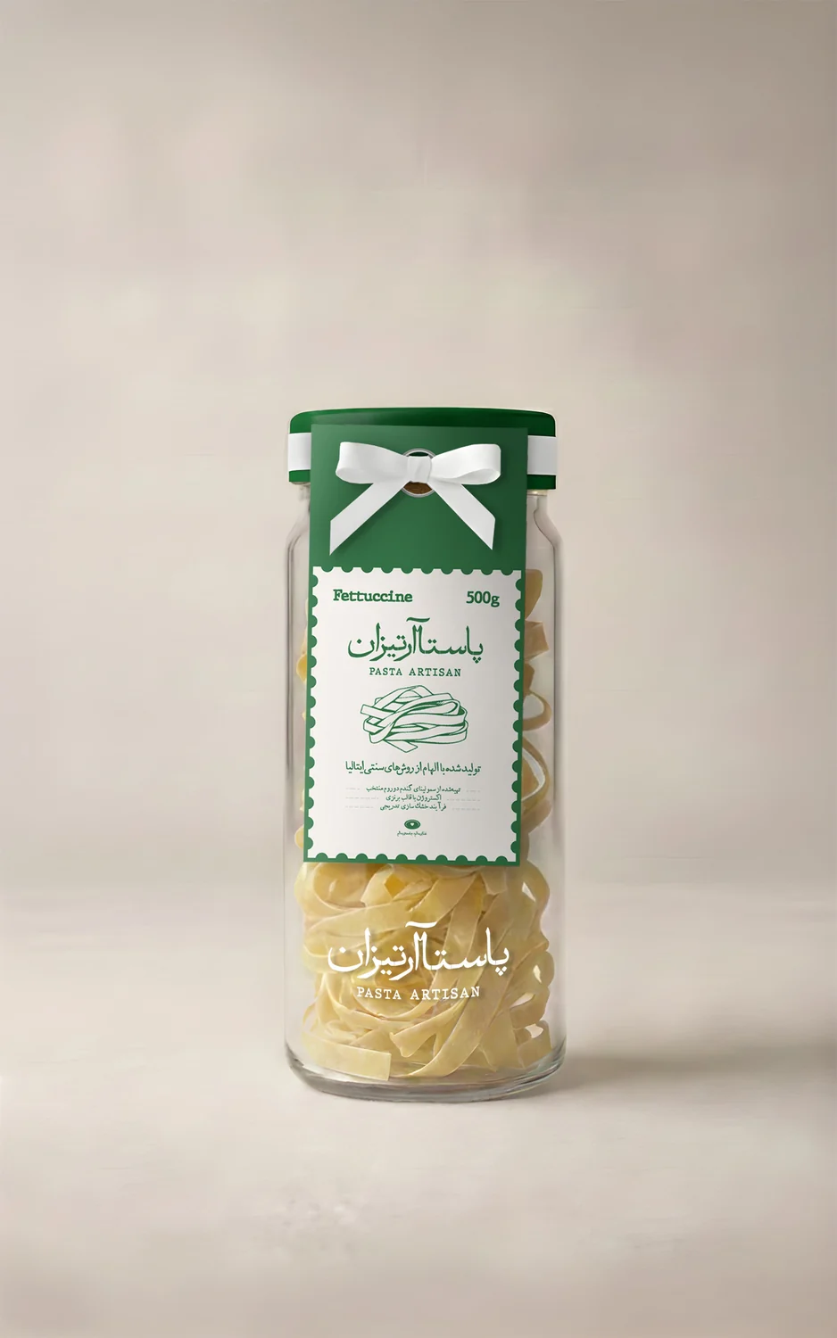 Fettuccine in the Pasta Artisan glass jar.